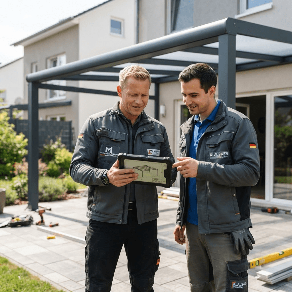 Zwei Handwerker besprechen die Montage einer Terrassenüberdachung