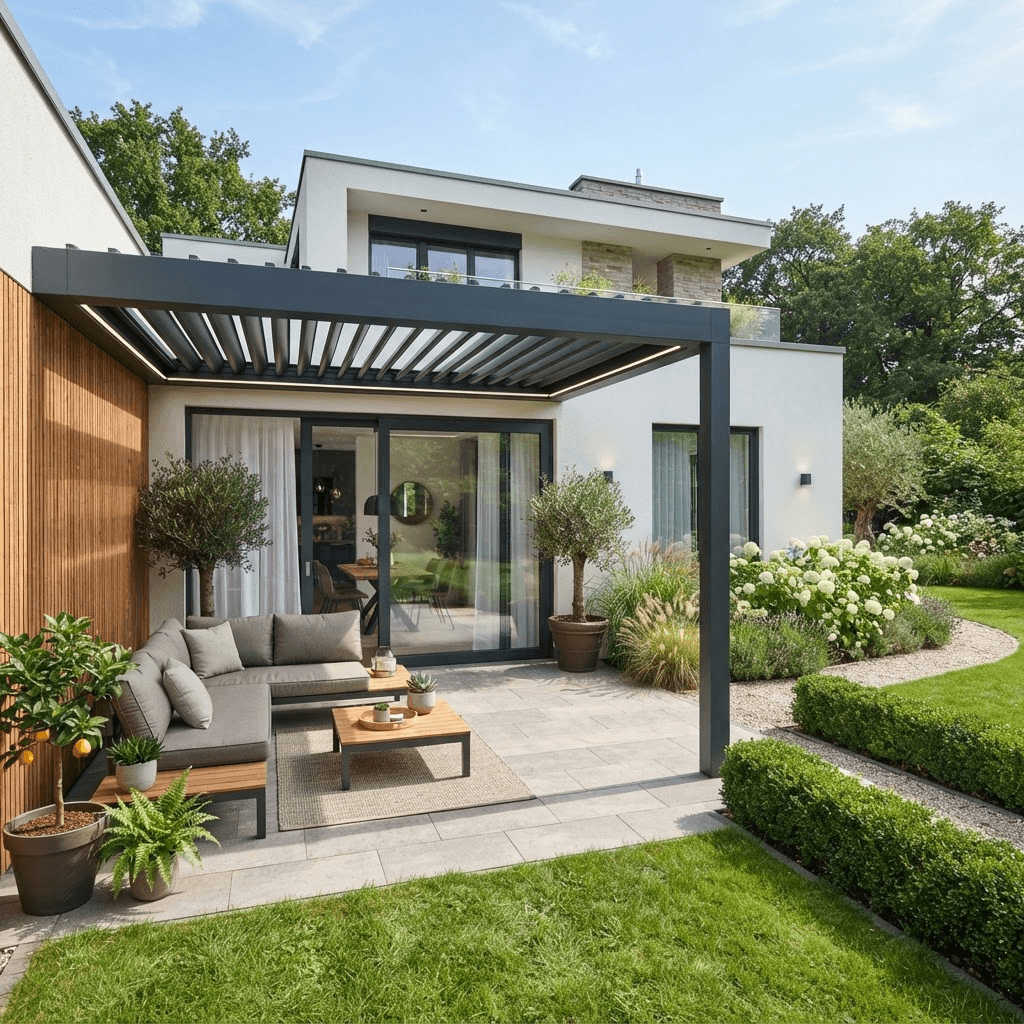 Moderne Aluminium-Terrassenüberdachung mit Loungebereich im Garten