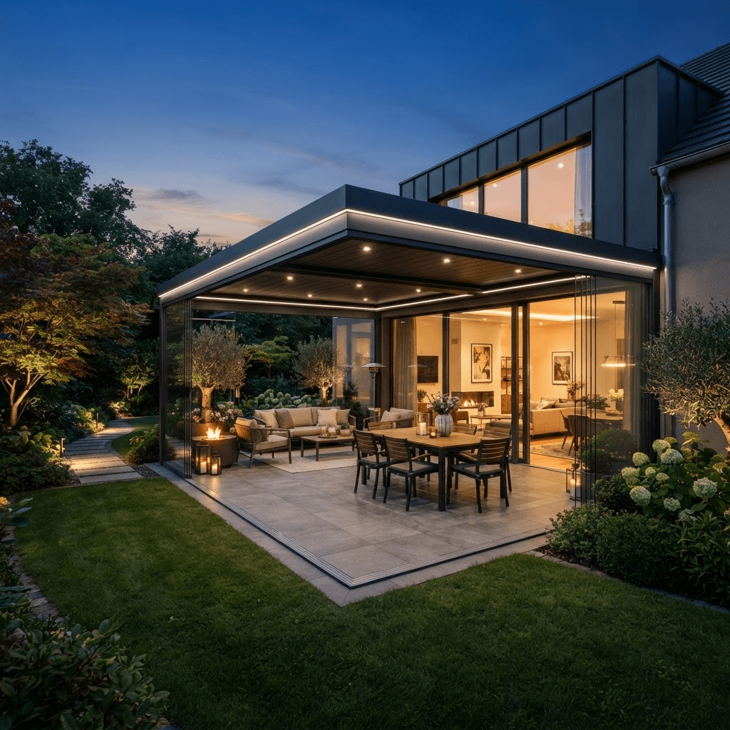 Terrasse mit Aluminium-Überdachung und Glasschiebewänden bei Dämmerung