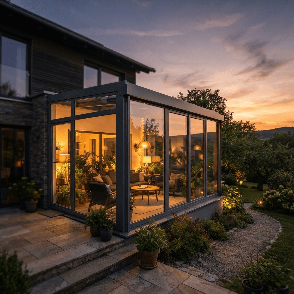 Beleuchteter Wintergarten bei Sonnenuntergang
