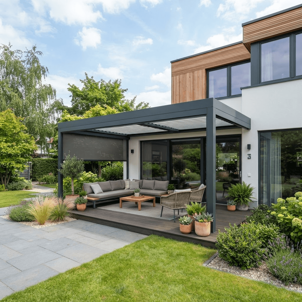 Moderne Terrassenüberdachung mit Lounge-Möbeln