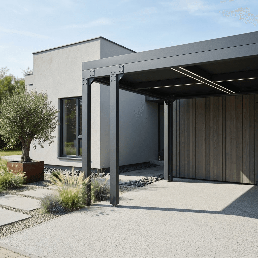 Anthrazitfarbener Aluminium-Carport neben einem Wohnhaus