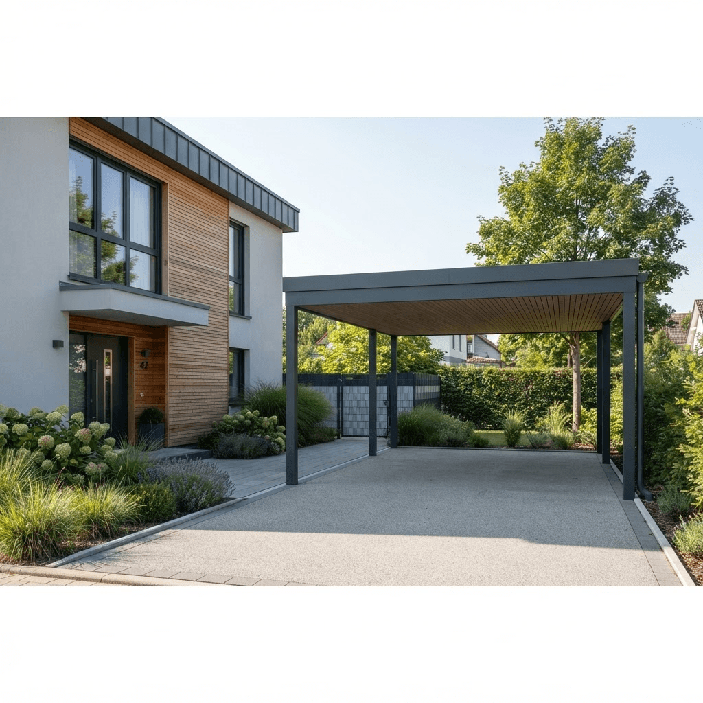 Moderner Aluminium-Carport neben einem zeitgemäßen Wohnhaus