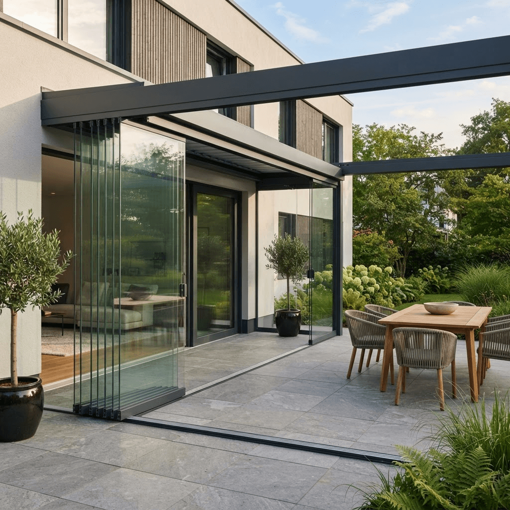 Glasschiebewand auf einer überdachten Terrasse