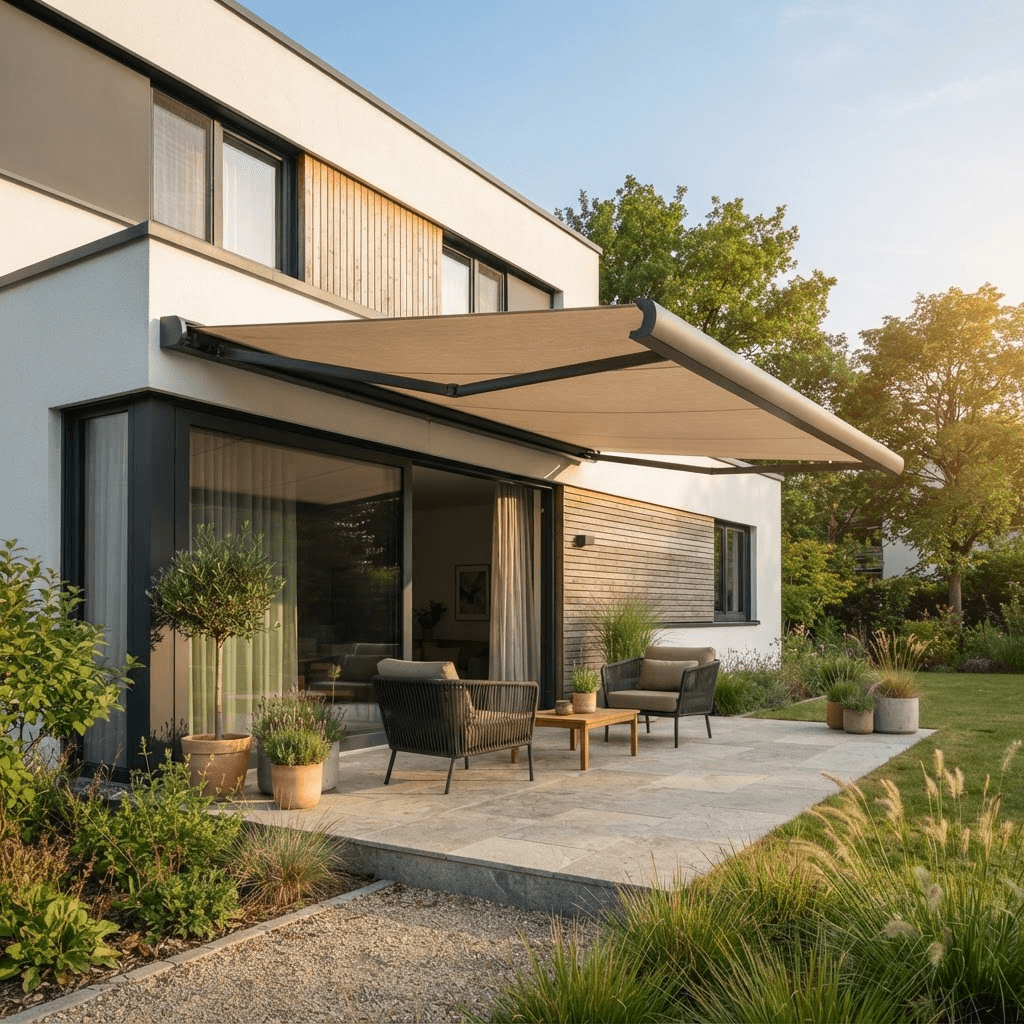 Ausgefahrene Markise über einer modernen Terrasse