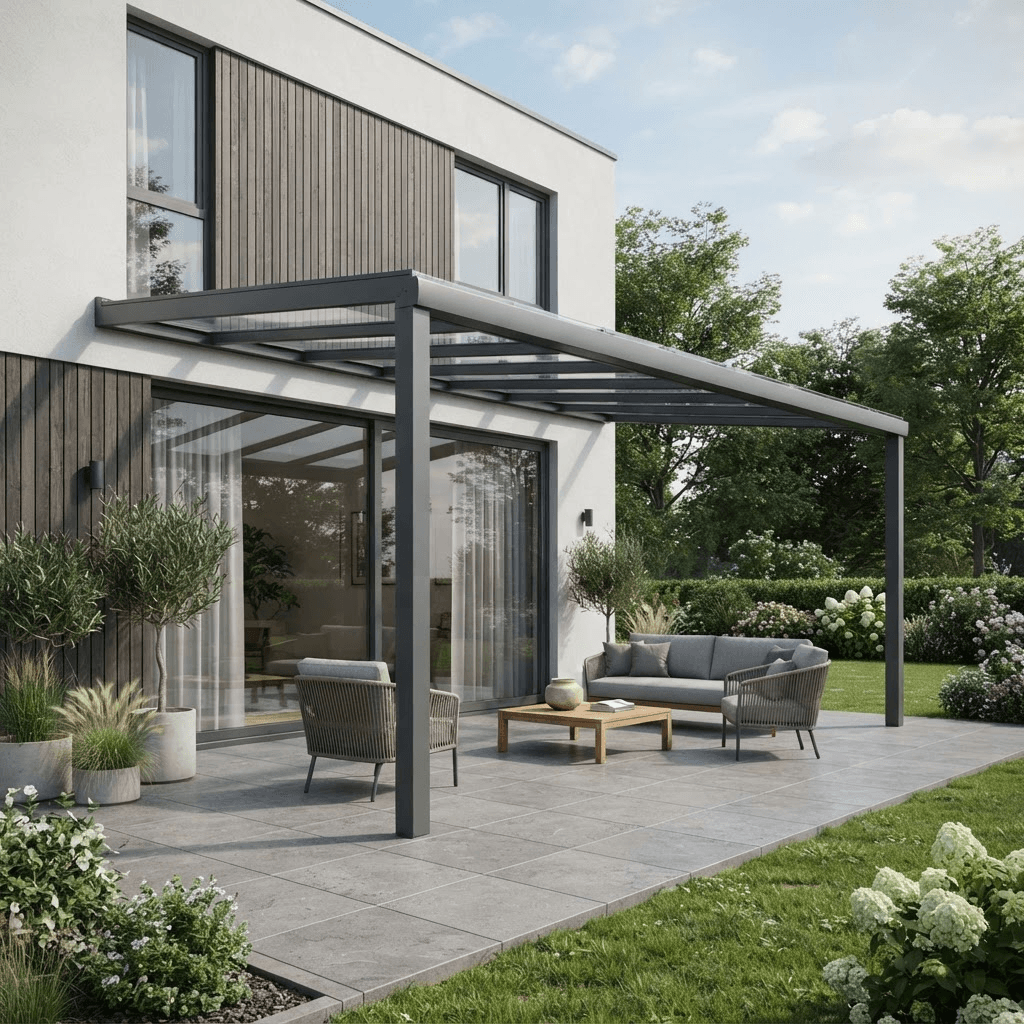 Moderne Aluminium-Terrassenüberdachung an einem zeitgemäßen Wohnhaus