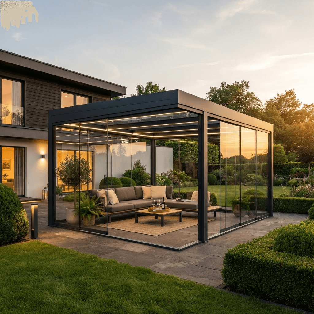 Moderne Terrassenüberdachung mit Glasschiebewänden an einem zeitgemäßen Wohnhaus